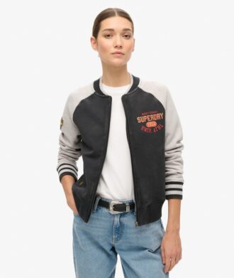 College Script Graphic Jersey Bomber Jacket