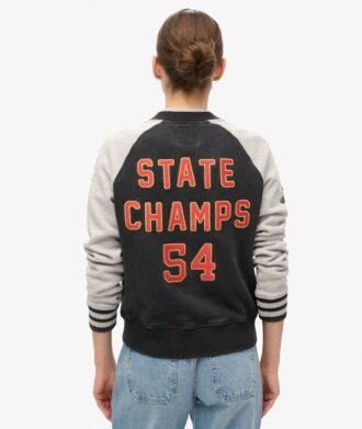 College Script Graphic Jersey Bomber Jacket