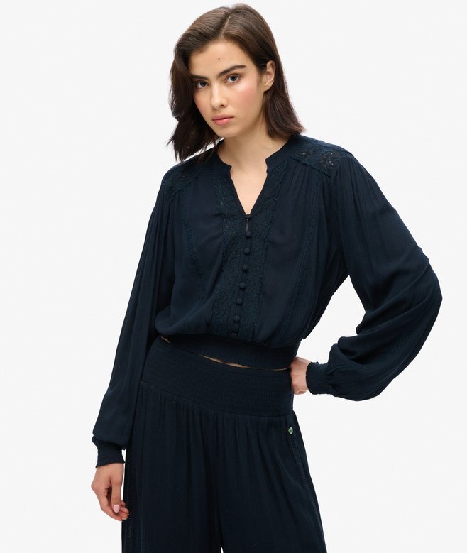 Long Sleeve Lace Trim Smocked Blouse Long Sleeve Lace Trim Smocked Blouse