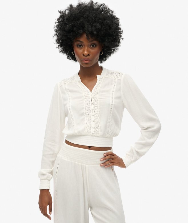 Long Sleeve Lace Trim Smocked Blouse Long Sleeve Lace Trim Smocked Blouse