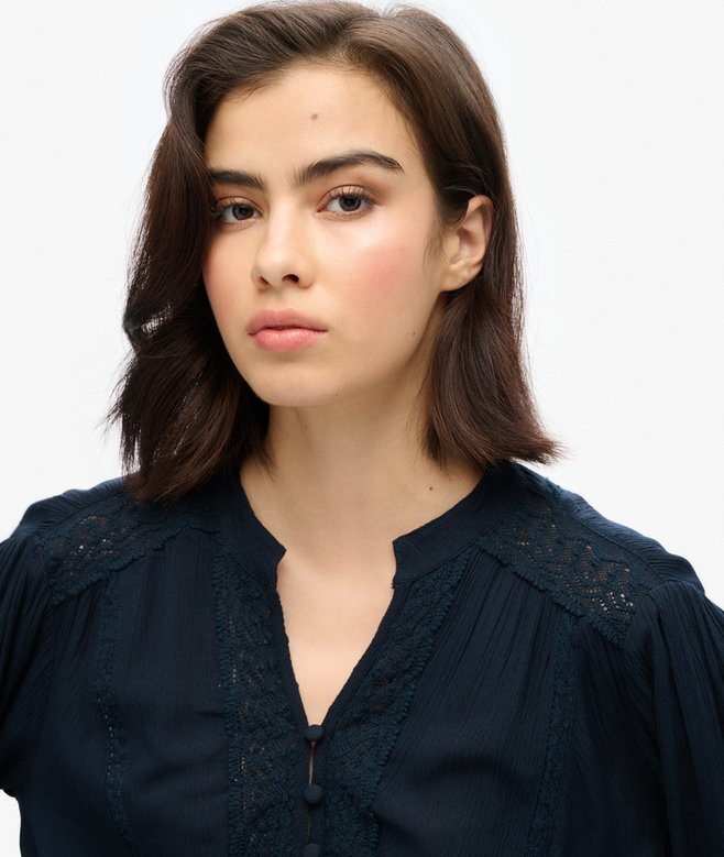 Long Sleeve Lace Trim Smocked Blouse Long Sleeve Lace Trim Smocked Blouse