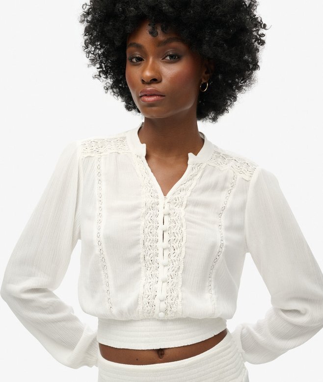 Long Sleeve Lace Trim Smocked Blouse Long Sleeve Lace Trim Smocked Blouse