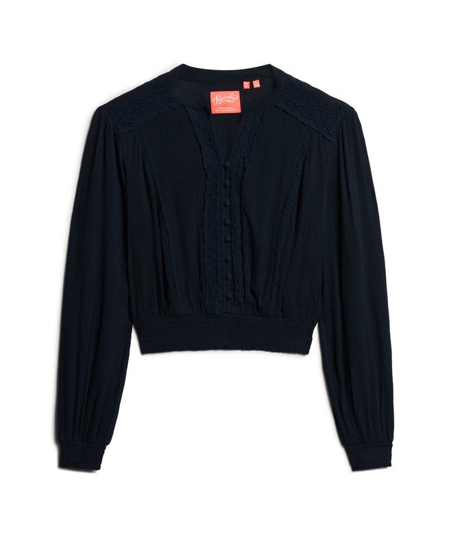 Long Sleeve Lace Trim Smocked Blouse Long Sleeve Lace Trim Smocked Blouse