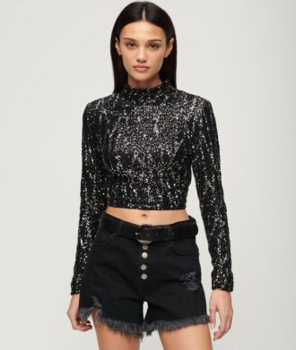 Long Sleeve Sequin Crop Top