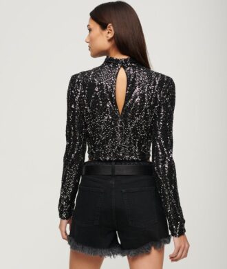 Long Sleeve Sequin Crop Top