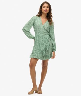 Printed Long Sleeve Wrap Mini Dress