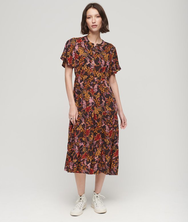 Printed Short Sleeve Tiered Midi Dress Printed Short Sleeve Tiered Midi Dress