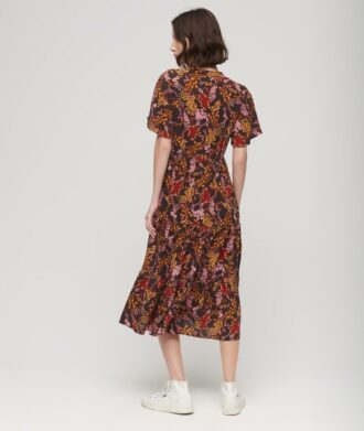 Printed Short Sleeve Tiered Midi Dress