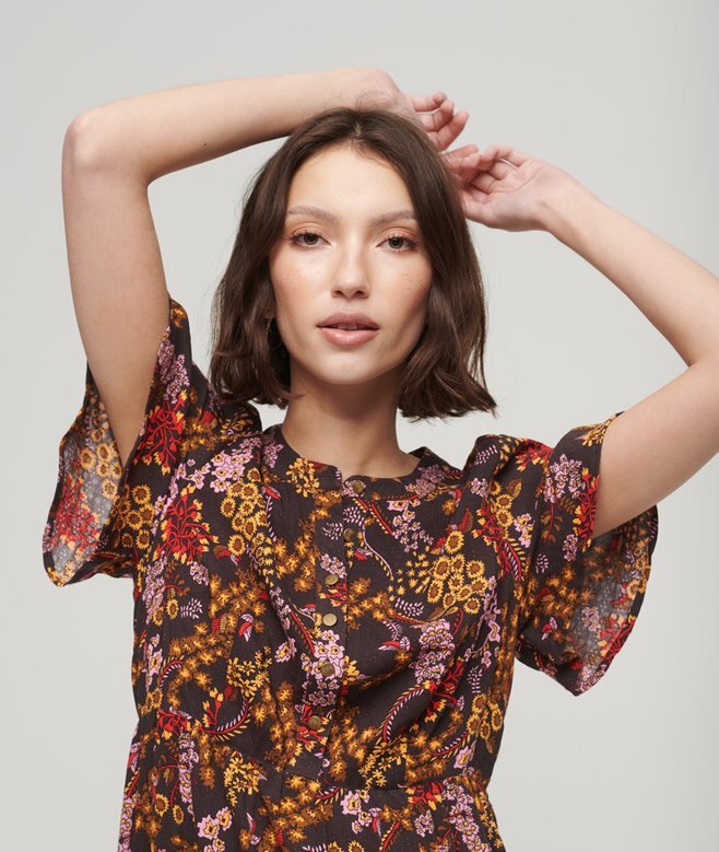 Printed Short Sleeve Tiered Midi Dress Printed Short Sleeve Tiered Midi Dress