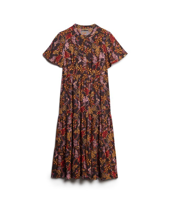Printed Short Sleeve Tiered Midi Dress Printed Short Sleeve Tiered Midi Dress