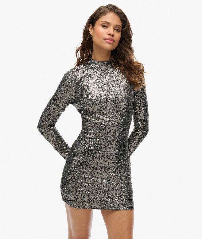 Sequinned Mock Neck Mini Dress Sequinned Mock Neck Mini Dress