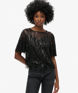 Sheer Short Sleeve Sequin Top