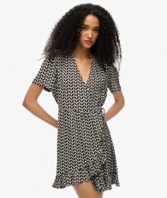 Short Sleeve Printed Mini Wrap Dress