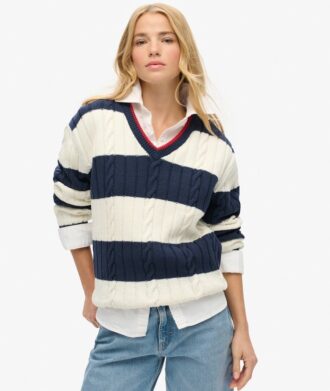 Stripe Oversized Cable V Neck Jumper