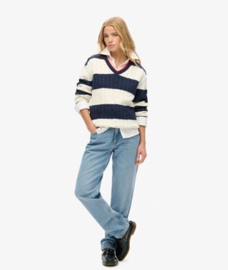 Stripe Oversized Cable V Neck Jumper