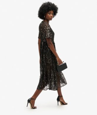 Volume Tiered Mesh Midi Dress